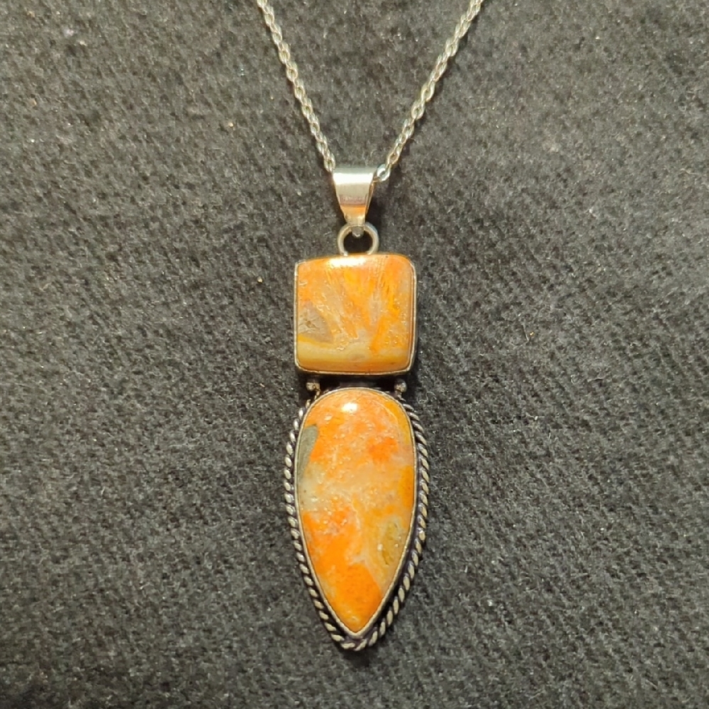 Silver Plated Orange Bumblebee Jasper Gemstone Pendant Statement Necklace